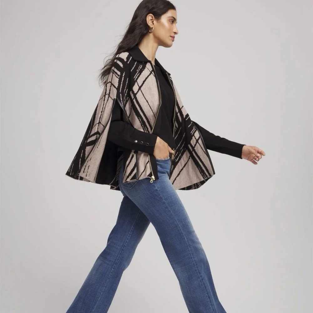 Chicos Jacquard Zip Front Cape Painterly Plaid Ruana Black Faux Leather Trim NWT